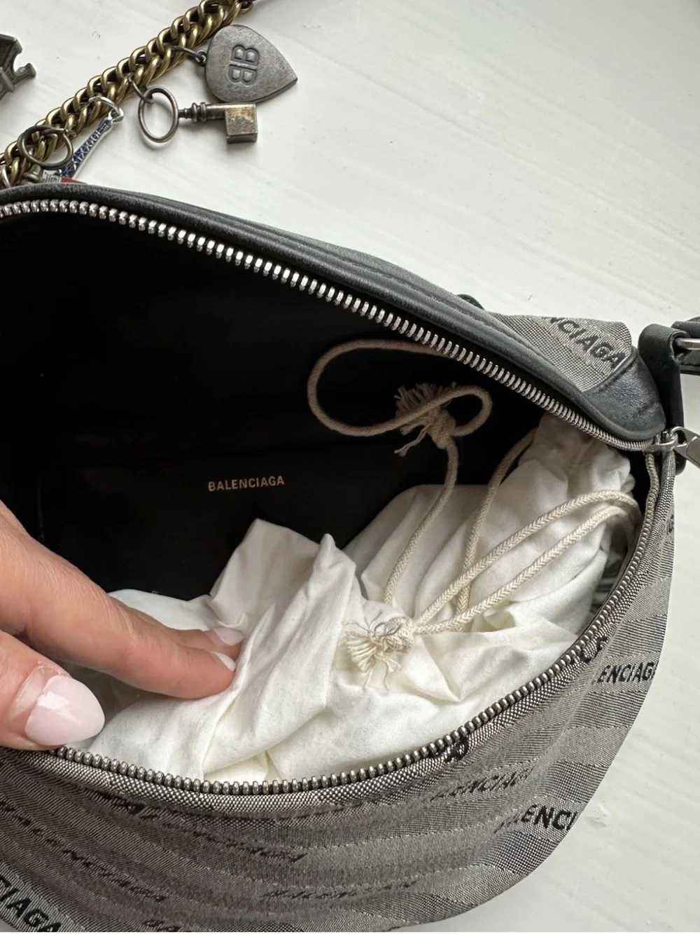 Balenciaga Grey Canvas & Black Leather Crossbody Bag